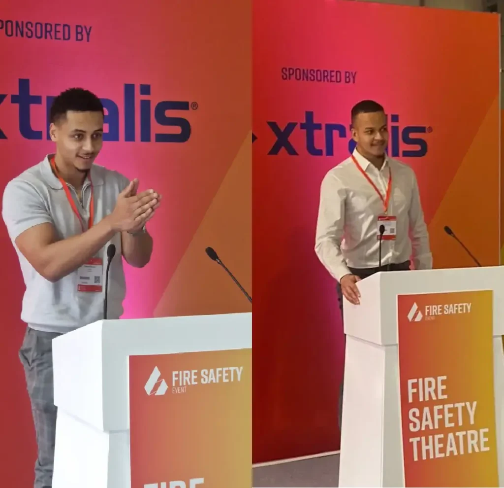 Founders Ernest Obihara and Aaron Umba delivering a fire safety marketing speech